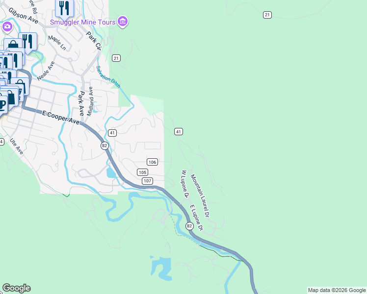 map of restaurants, bars, coffee shops, grocery stores, and more near 473b Mountain Laurel Drive in Aspen