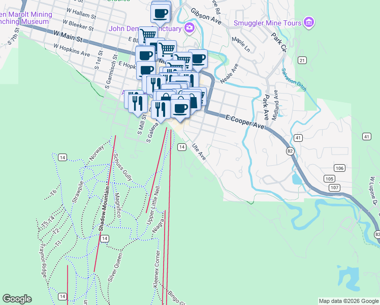 map of restaurants, bars, coffee shops, grocery stores, and more near 851 Ute Avenue in Aspen