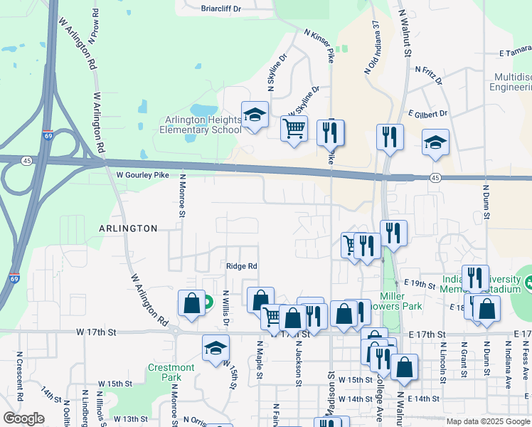 map of restaurants, bars, coffee shops, grocery stores, and more near 703 West Gourley Pike in Bloomington