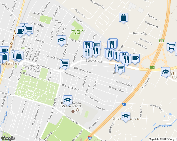 map of restaurants, bars, coffee shops, grocery stores, and more near 716 Woodland Avenue in Winchester