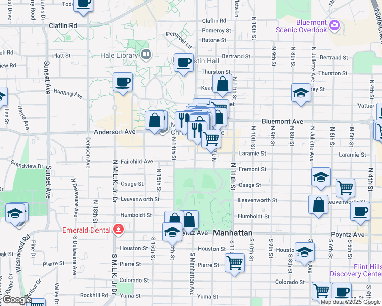 map of restaurants, bars, coffee shops, grocery stores, and more near 525 North Manhattan Avenue in Manhattan