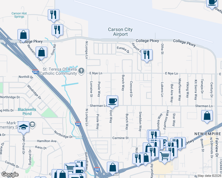 map of restaurants, bars, coffee shops, grocery stores, and more near Dori Way & Catherine Cir in Carson City