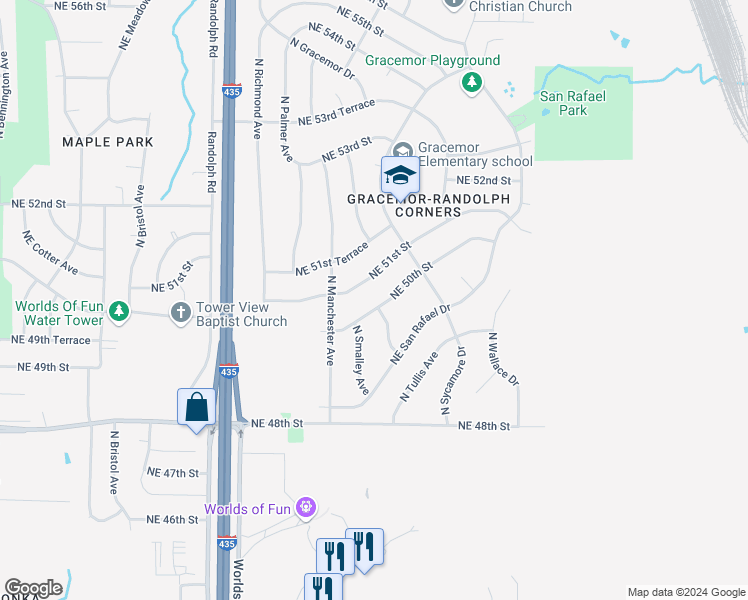 map of restaurants, bars, coffee shops, grocery stores, and more near 8000 Northeast 50th Street in Kansas City