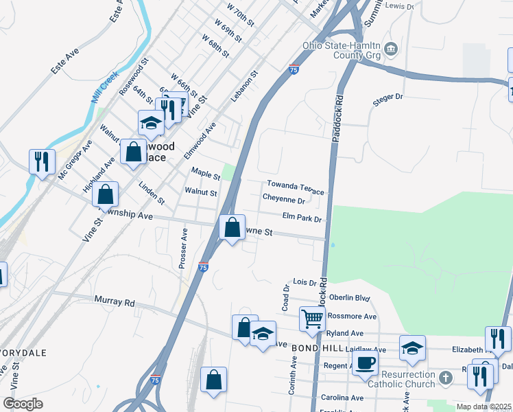 map of restaurants, bars, coffee shops, grocery stores, and more near 1034 Elm Park Drive in Cincinnati