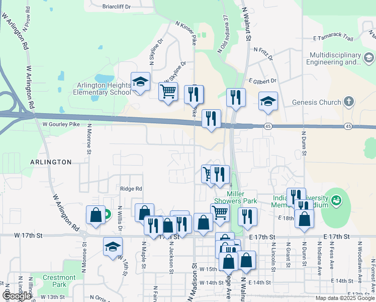 map of restaurants, bars, coffee shops, grocery stores, and more near 513 West Gourley Pike in Bloomington