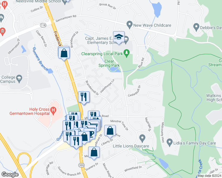 map of restaurants, bars, coffee shops, grocery stores, and more near 11301 Corinthian Court in Germantown