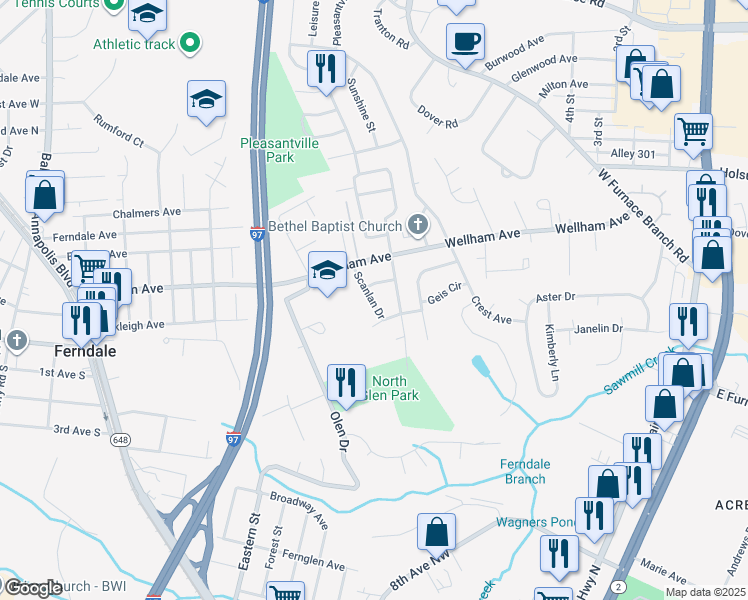 map of restaurants, bars, coffee shops, grocery stores, and more near 1403 Scanlan Drive in Glen Burnie
