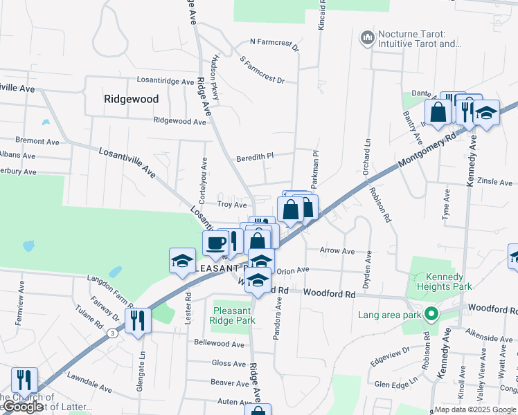 map of restaurants, bars, coffee shops, grocery stores, and more near 6165 Ridge Avenue in Cincinnati