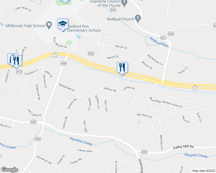 map of restaurants, bars, coffee shops, grocery stores, and more near 225 Asbury Road in Winchester
