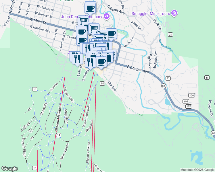 map of restaurants, bars, coffee shops, grocery stores, and more near 851 Ute Avenue in Aspen
