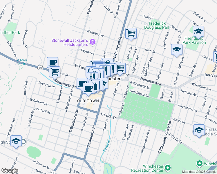 map of restaurants, bars, coffee shops, grocery stores, and more near 106 North Cameron Street in Winchester