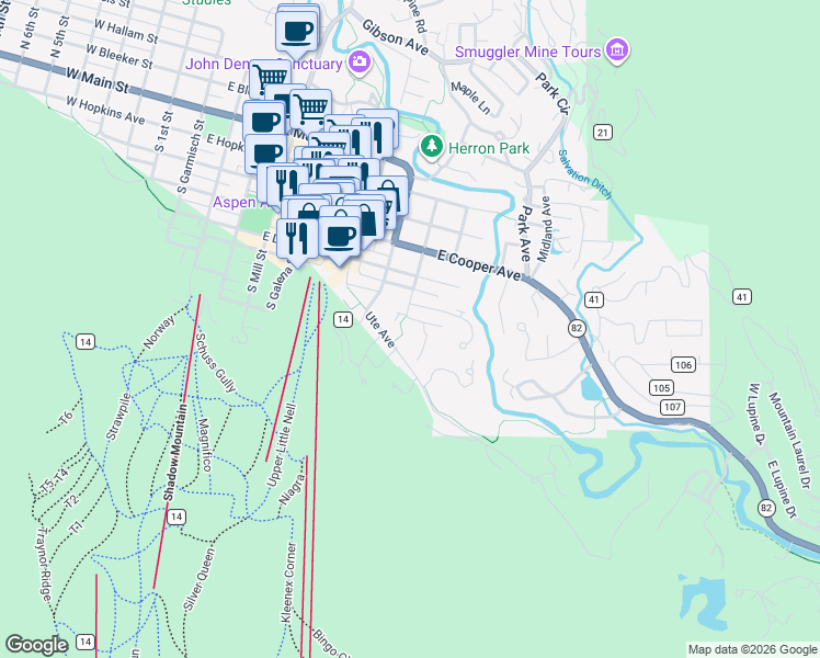 map of restaurants, bars, coffee shops, grocery stores, and more near 610 South West End Street in Aspen