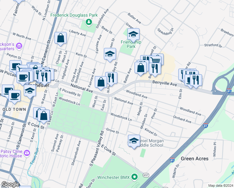 map of restaurants, bars, coffee shops, grocery stores, and more near 625 Berryville Avenue in Winchester