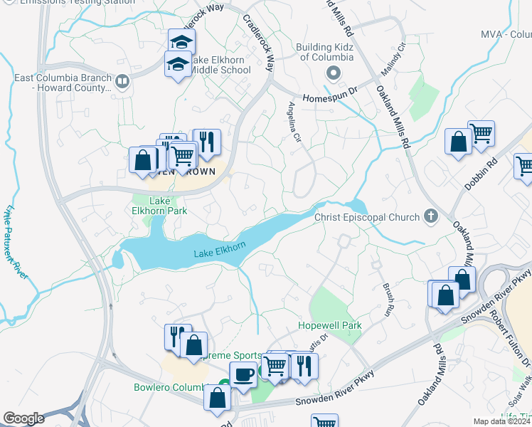 map of restaurants, bars, coffee shops, grocery stores, and more near 7164 Winter Rose Path in Columbia