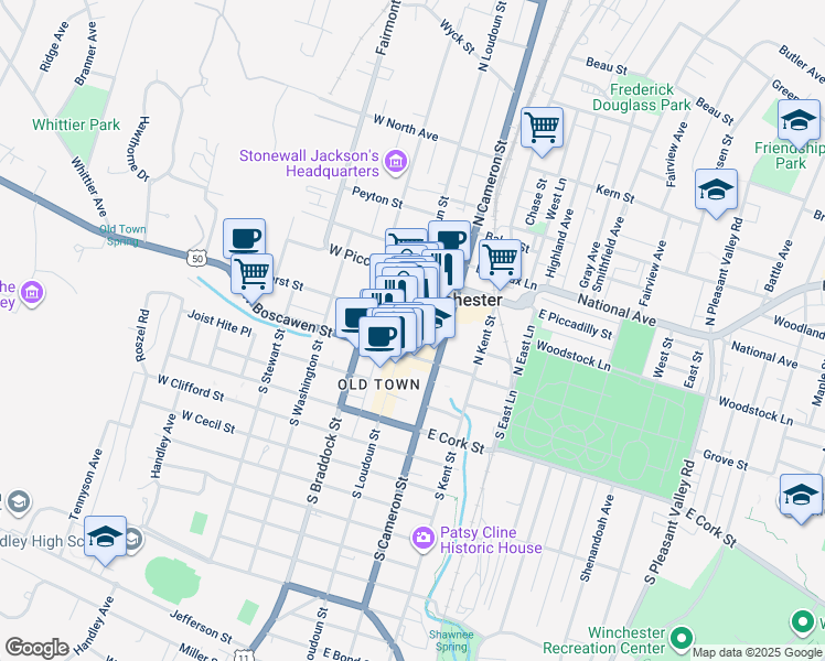map of restaurants, bars, coffee shops, grocery stores, and more near 20 North Loudoun Street in Winchester