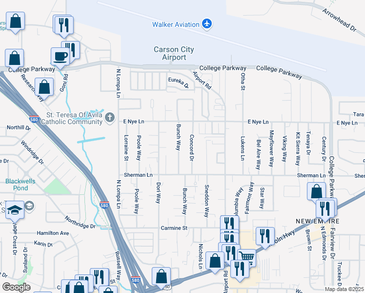 map of restaurants, bars, coffee shops, grocery stores, and more near 2700 Bunch Way in Carson City