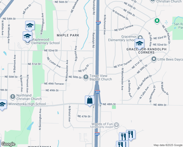 map of restaurants, bars, coffee shops, grocery stores, and more near 5012 North Randolph Road in Kansas City