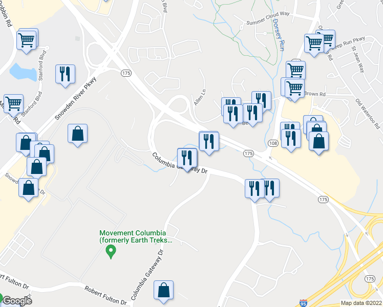 map of restaurants, bars, coffee shops, grocery stores, and more near 6731 Columbia Gateway Drive in Columbia