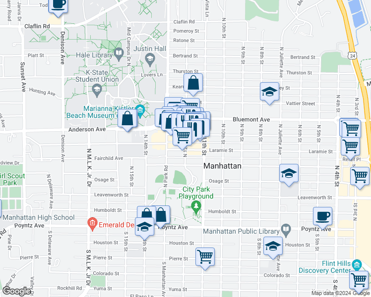 map of restaurants, bars, coffee shops, grocery stores, and more near 601 North 12th Street in Manhattan