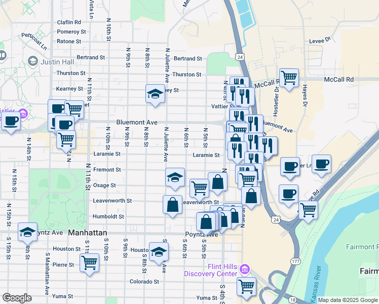 map of restaurants, bars, coffee shops, grocery stores, and more near 530 Laramie Street in Manhattan