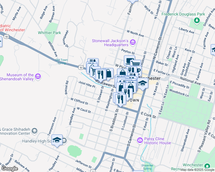 map of restaurants, bars, coffee shops, grocery stores, and more near 217 West Boscawen Street in Winchester
