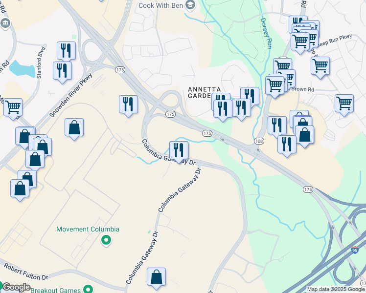 map of restaurants, bars, coffee shops, grocery stores, and more near 6731 Columbia Gateway Drive in Columbia