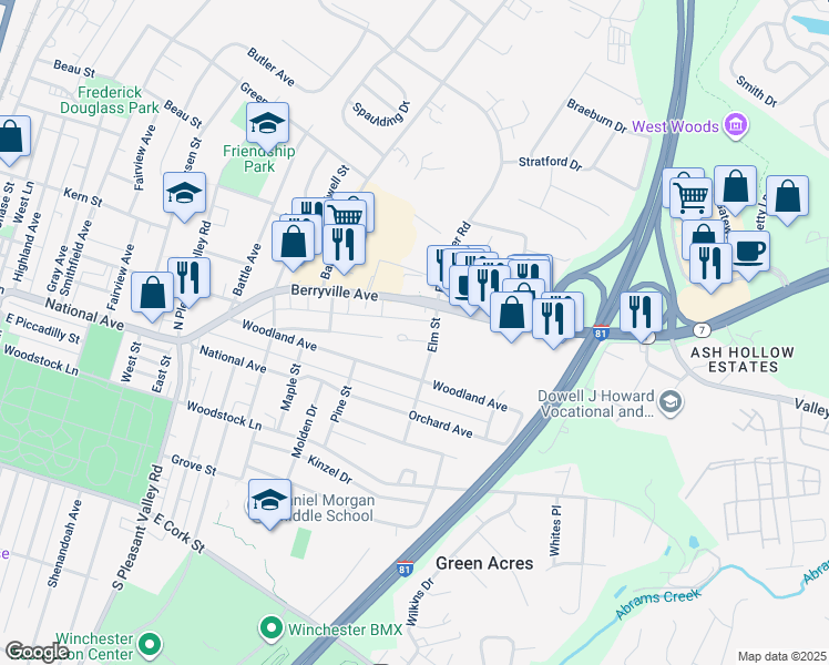 map of restaurants, bars, coffee shops, grocery stores, and more near 950 Frederick Avenue in Winchester