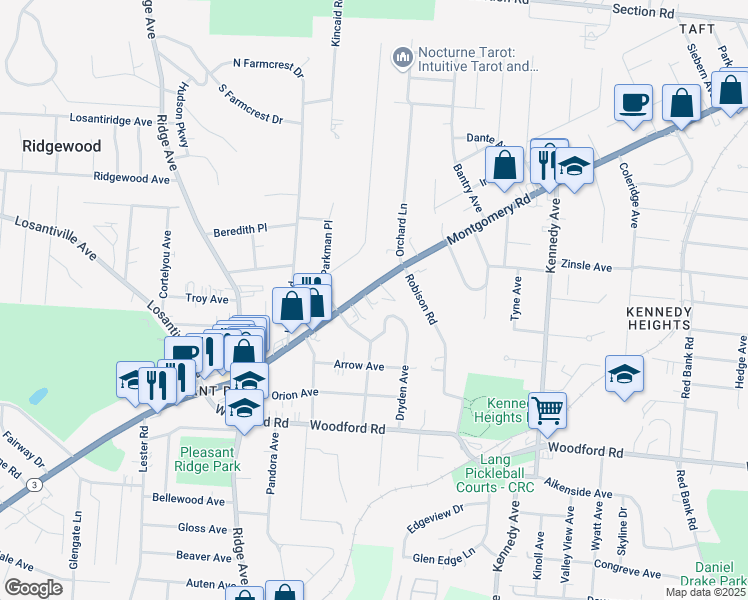 map of restaurants, bars, coffee shops, grocery stores, and more near 6126 Dryden Avenue in Cincinnati
