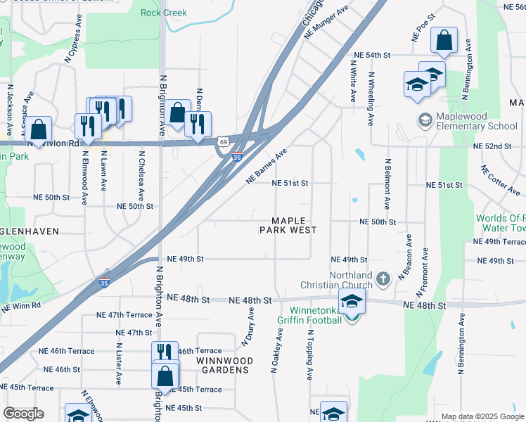 map of restaurants, bars, coffee shops, grocery stores, and more near 5500 Northeast 50th Street in Kansas City
