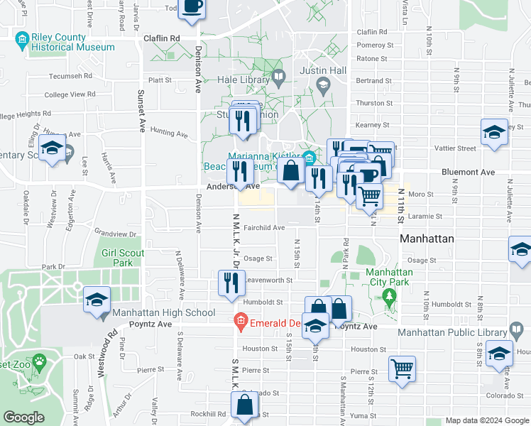 map of restaurants, bars, coffee shops, grocery stores, and more near 1628 Fairchild Avenue in Manhattan