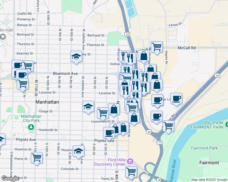 map of restaurants, bars, coffee shops, grocery stores, and more near 408 Laramie Street in Manhattan