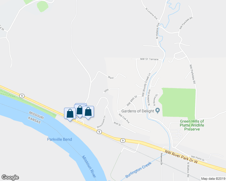 map of restaurants, bars, coffee shops, grocery stores, and more near 6631 Northwest 50th Street in Kansas City