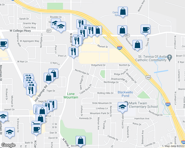 map of restaurants, bars, coffee shops, grocery stores, and more near 2714 Table Rock Drive in Carson City