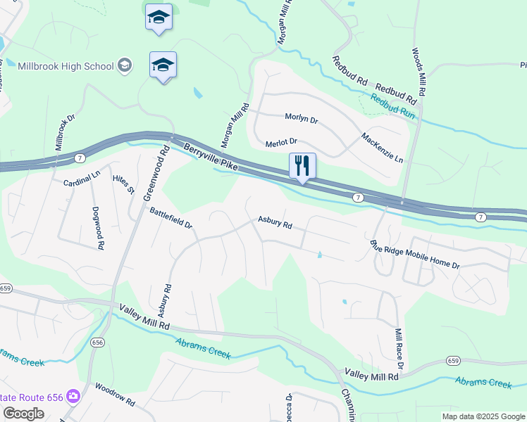 map of restaurants, bars, coffee shops, grocery stores, and more near 225 Asbury Road in Winchester