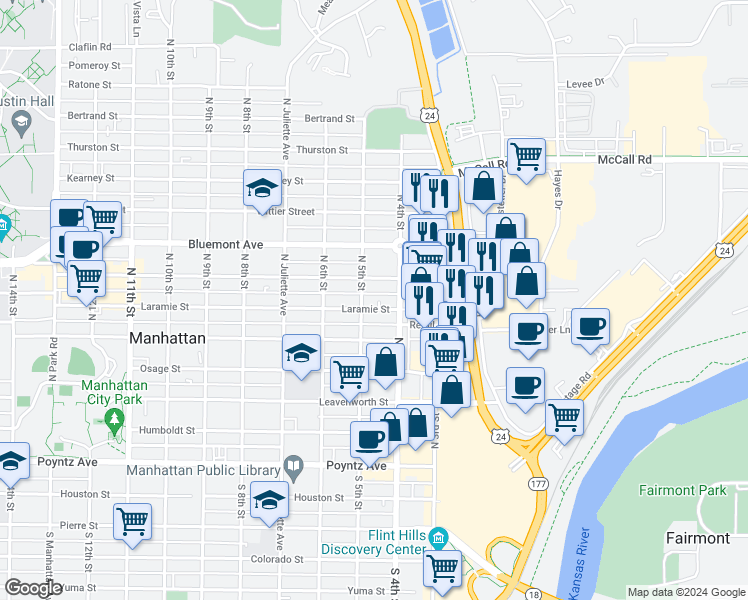 map of restaurants, bars, coffee shops, grocery stores, and more near 420 Laramie Street in Manhattan