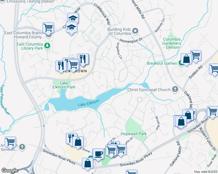 map of restaurants, bars, coffee shops, grocery stores, and more near 7172 Winter Rose Path in Columbia