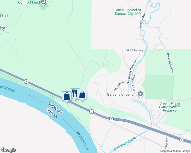 map of restaurants, bars, coffee shops, grocery stores, and more near 6704 Northwest 50th Street in Kansas City