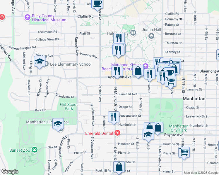 map of restaurants, bars, coffee shops, grocery stores, and more near 1719 Laramie Street in Manhattan