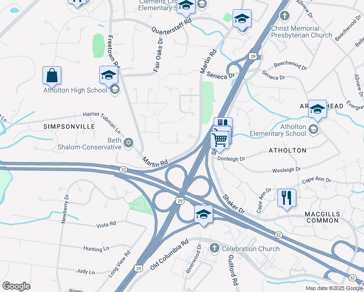 map of restaurants, bars, coffee shops, grocery stores, and more near 6820 Pyramid Way in Columbia