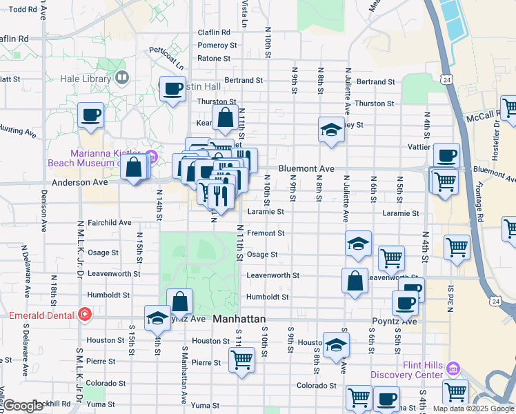 map of restaurants, bars, coffee shops, grocery stores, and more near 1010 Laramie Street in Manhattan