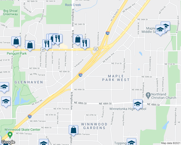 map of restaurants, bars, coffee shops, grocery stores, and more near 5232 Northeast Barnes Avenue in Kansas City