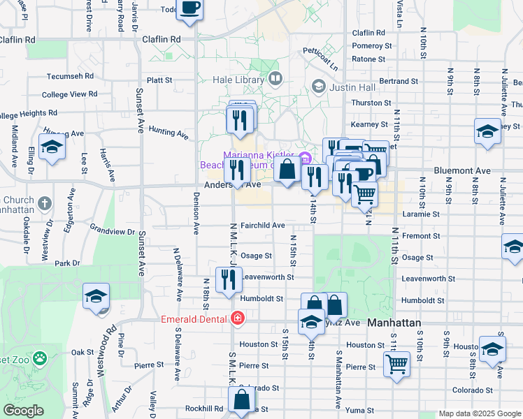 map of restaurants, bars, coffee shops, grocery stores, and more near 1611 Laramie Street in Manhattan