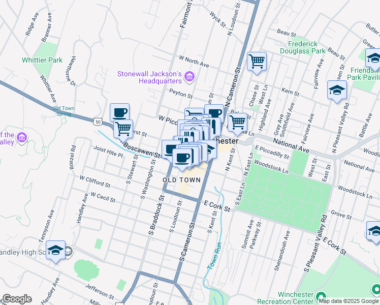 map of restaurants, bars, coffee shops, grocery stores, and more near 20 North Loudoun Street in Winchester