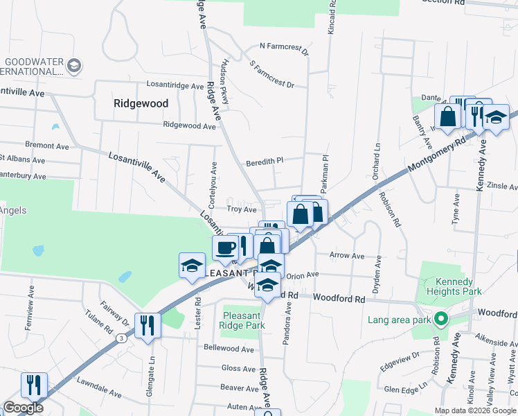 map of restaurants, bars, coffee shops, grocery stores, and more near 6165 Ridge Avenue in Cincinnati