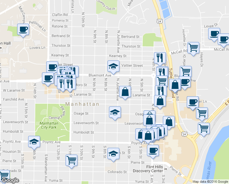 map of restaurants, bars, coffee shops, grocery stores, and more near 715 Laramie Street in Manhattan