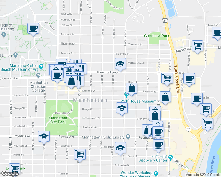 map of restaurants, bars, coffee shops, grocery stores, and more near 804 Laramie Street in Manhattan