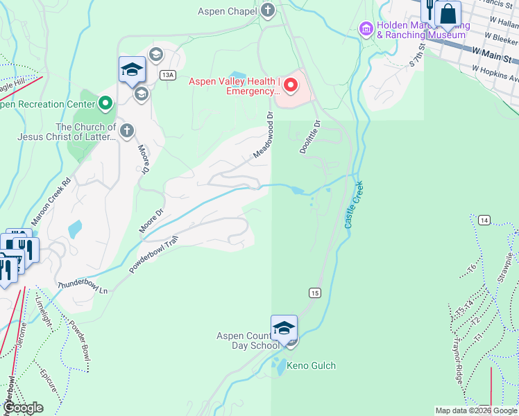 map of restaurants, bars, coffee shops, grocery stores, and more near 864 Moore Drive in Aspen