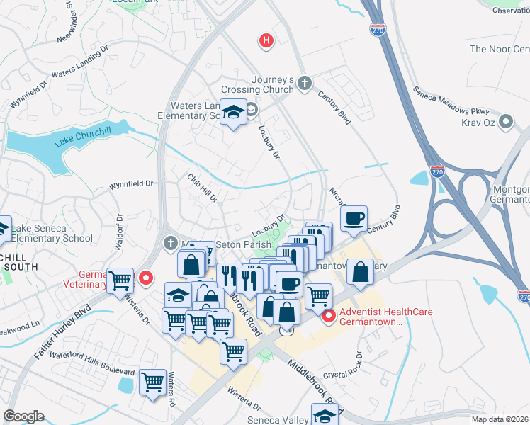 map of restaurants, bars, coffee shops, grocery stores, and more near 12912 Falling Water Circle in Germantown