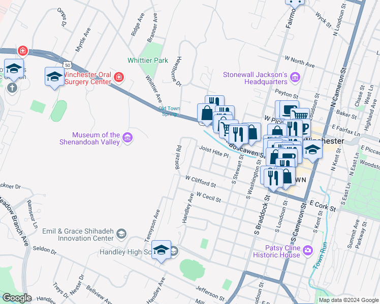map of restaurants, bars, coffee shops, grocery stores, and more near 132 Academy Lane in Winchester