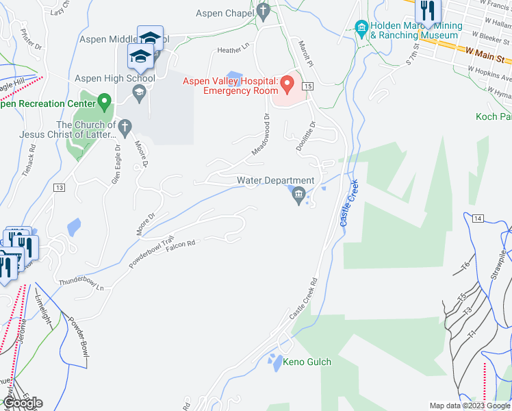 map of restaurants, bars, coffee shops, grocery stores, and more near 864 Moore Drive in Aspen